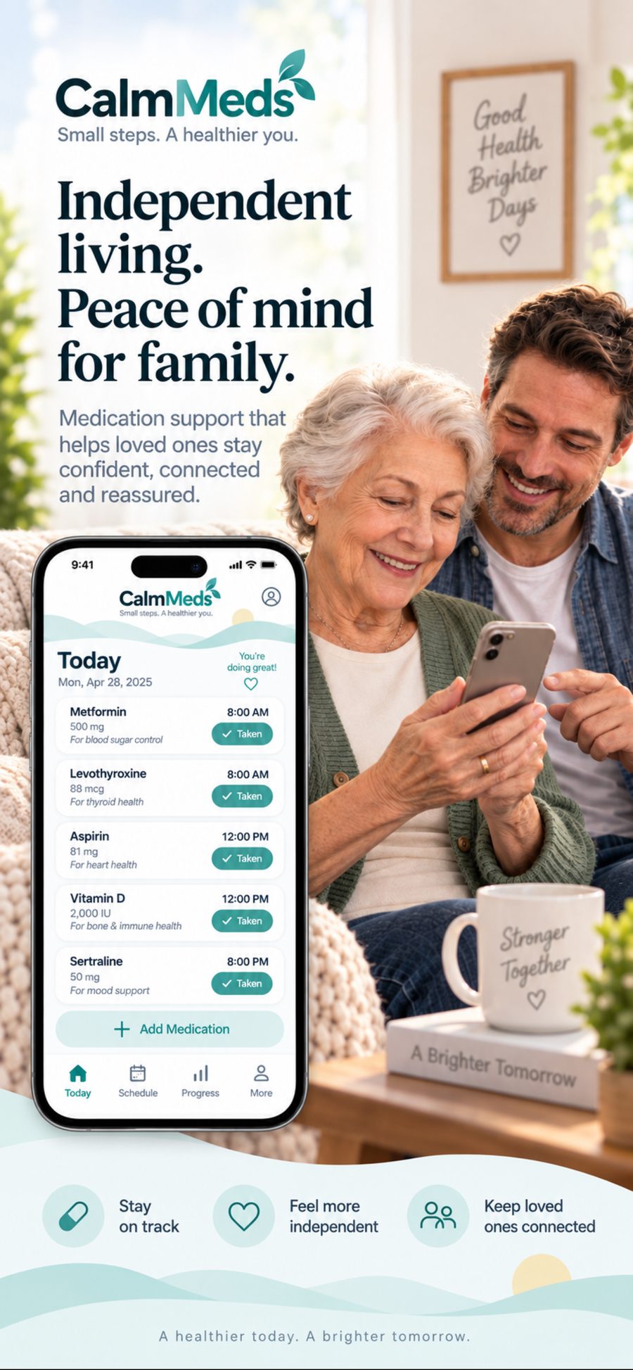 Older woman using CalmMeds on her phone with an adult family member beside her