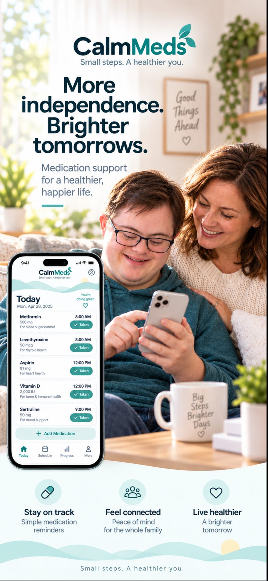 Young adult using CalmMeds on a phone with a family member beside them