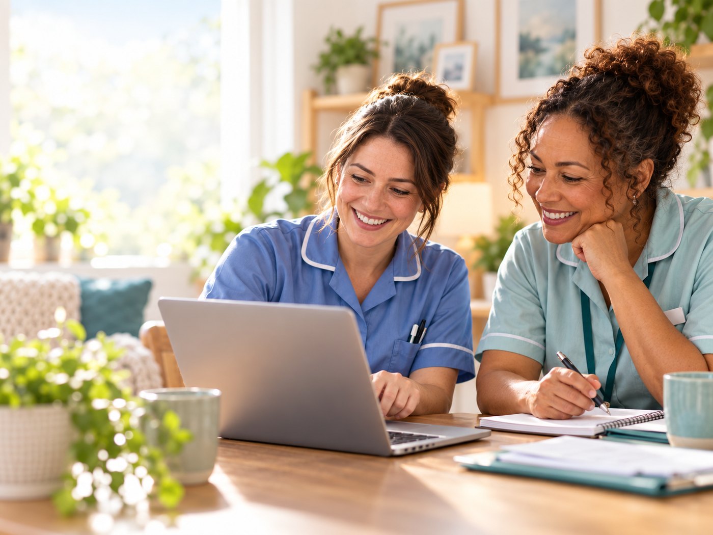 Two care professionals working together on a laptop