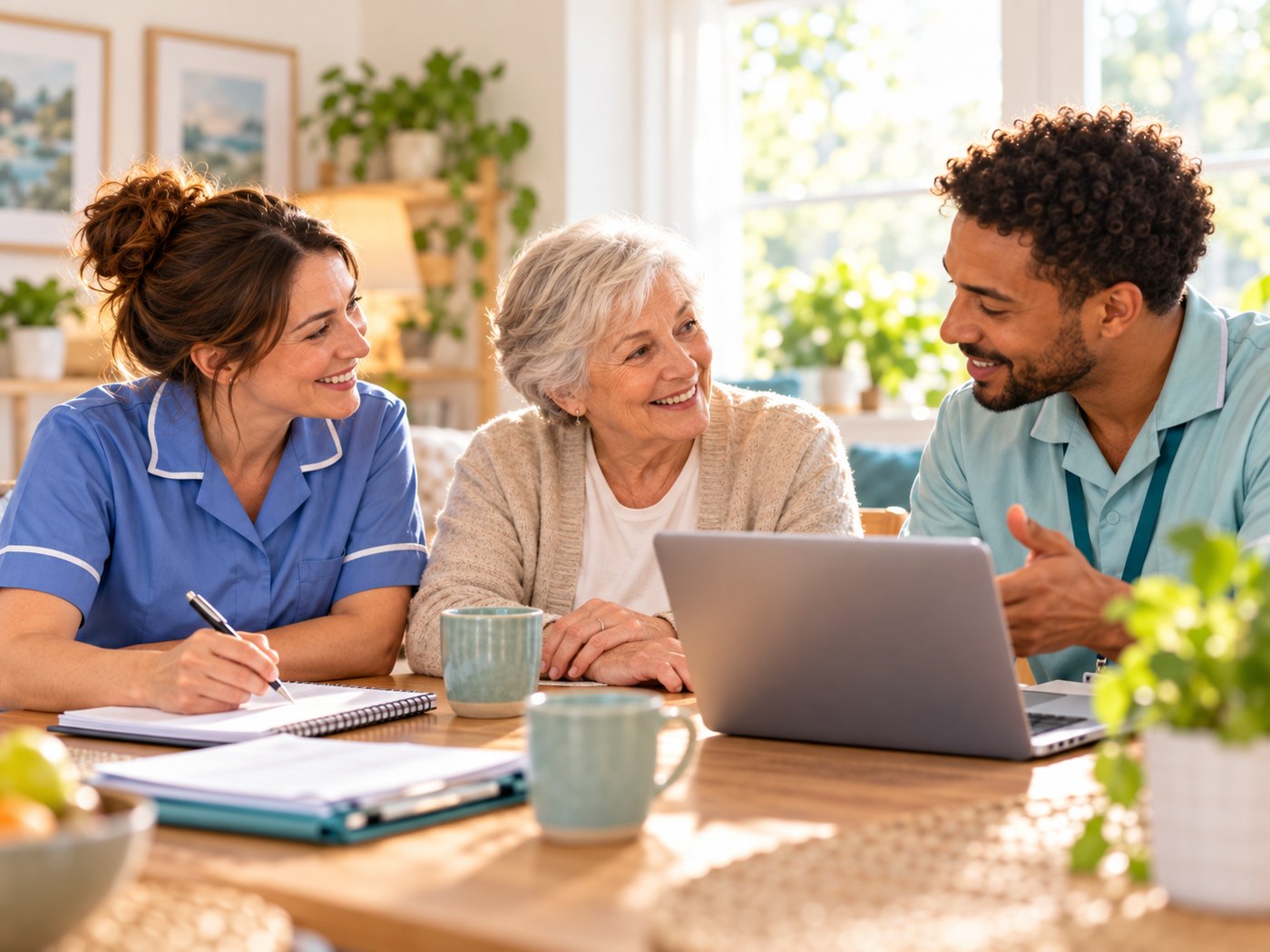 Care professionals speaking with an older person around a laptop