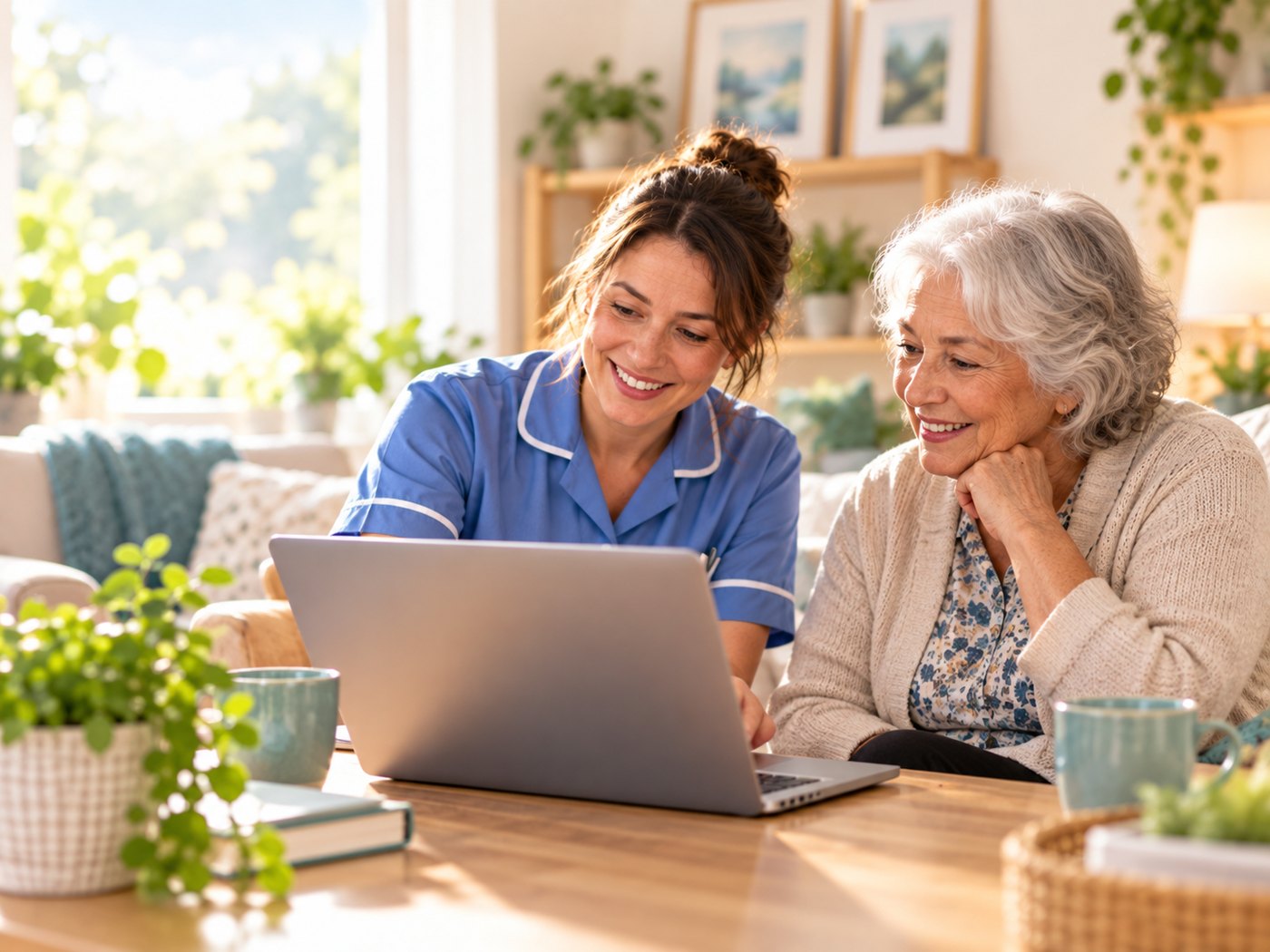 Care professional working with an older person using a laptop
