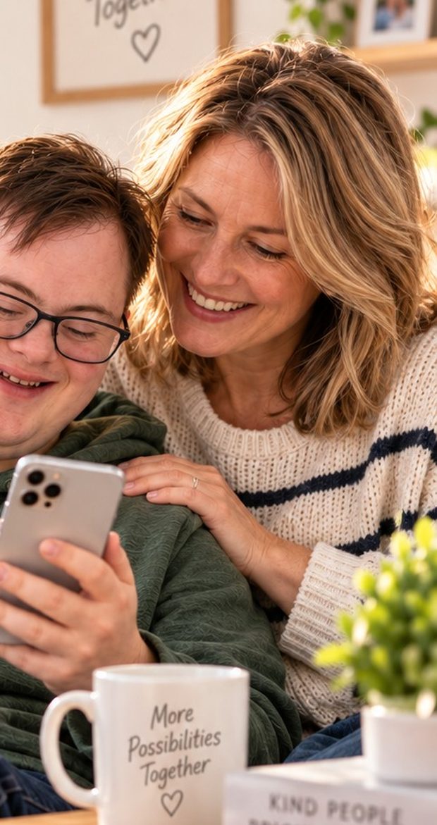 Young adult and family member smiling together while using a phone at home