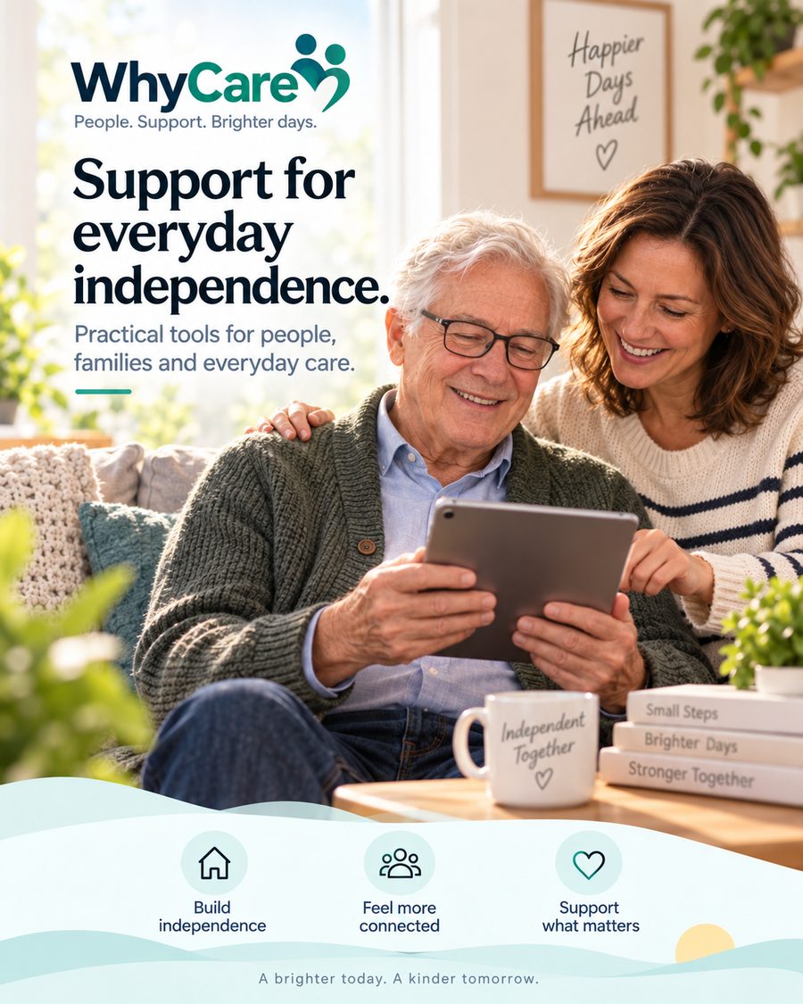 Older man and adult daughter smiling together while using a tablet at home
