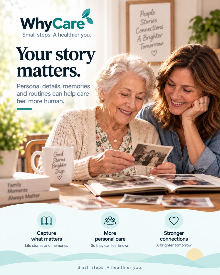 Older woman and adult daughter looking through family photographs and a memory album together