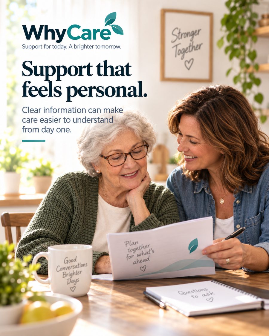 Older woman and adult daughter looking through care information together at a kitchen table